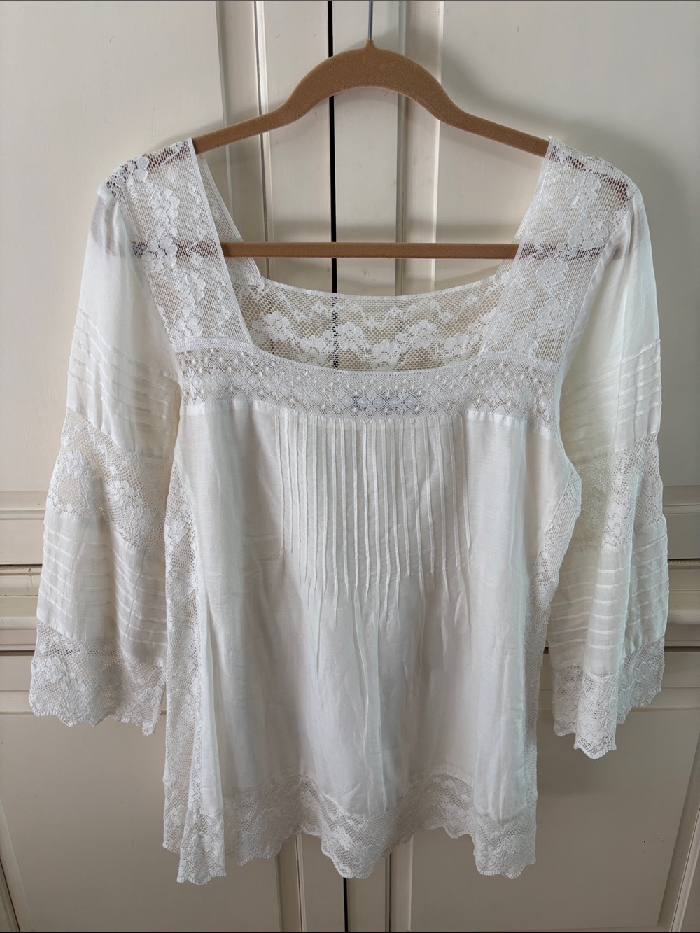 Calypso St. Barth White Lace Pintuck Boho Blouse EUC S